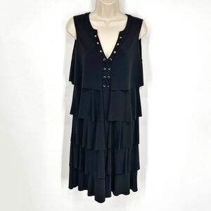 Joseph Ribkoff Lace Up V-Neck Sleeveless Dress Sz 10 Black Ruffle Layers Tiered